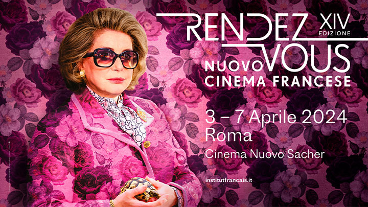Grafica su sfondo rosa per il festival del nuovo cinema francese Rendez Vous sponsorizzata da BNL BNP Paribas.