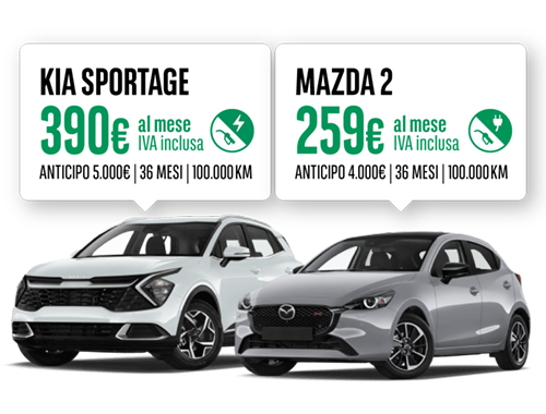 Offerta noleggio auto KIA sportage a 390 euro al mese iva inclusa e Mazda 2 a 259 euro al mese iva inclusa, offerta valida fino 16 novembre 2025