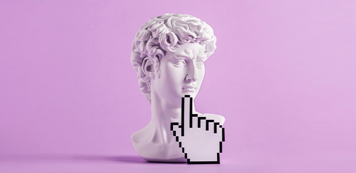 Busto in marmo di pensatore greco con mano digitale vicino alla bocca