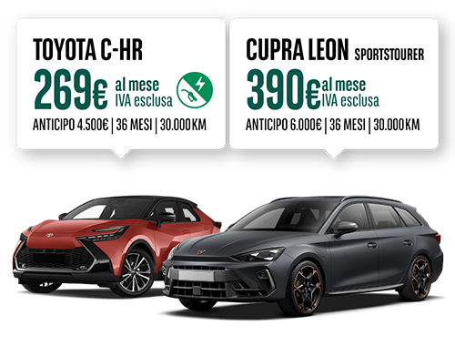 Offerte di noleggio Arval: Toyota C-HR a 269€ al mese IVA esclusa con anticipo di 4.500€ e Cupra Leon Sportstourer a 390€ IVA esclusa con anticipo di 6.000€ 