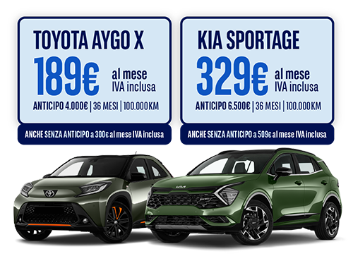 offerta di noleggio auto a lungo termine per privati macchine Toyota Aygo X e Kia Sportage