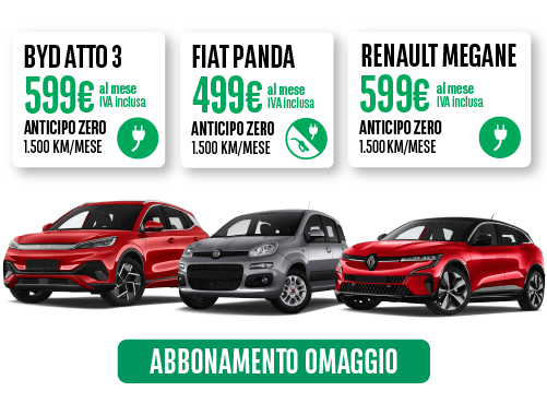 offerta di noleggio auto a medio termine per privati Fiat Panda, BYD Atto 3, Renault Megane