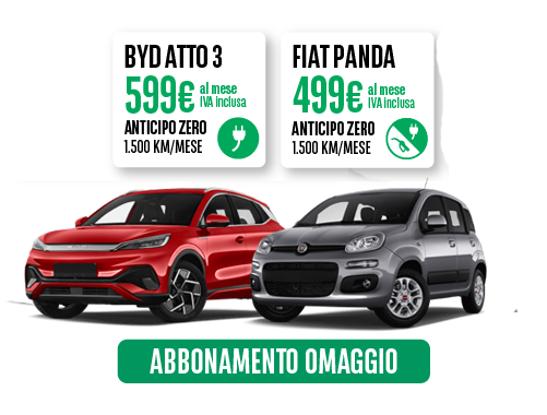 offerta di noleggio auto a medio termine per privati Fiat Panda, BYD Atto 3, Renault Megane