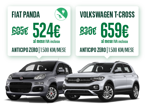 offerta di noleggio auto a medio termine per privati macchine Fiat Panda e Volkswagen t-cross
