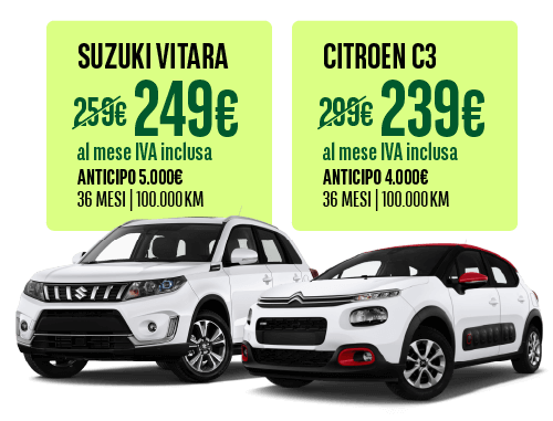 offerta di noleggio auto a lungo termine per privati macchine Suzuki Vitara e Citroen C3