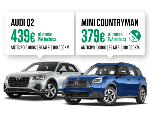 Offerta noleggio auto Audi Q2 a 439 euro al mese iva inclusa e Mini countryman a 379 euro al mese iva inclusa, offerta valida fino all'8 settembre 2025