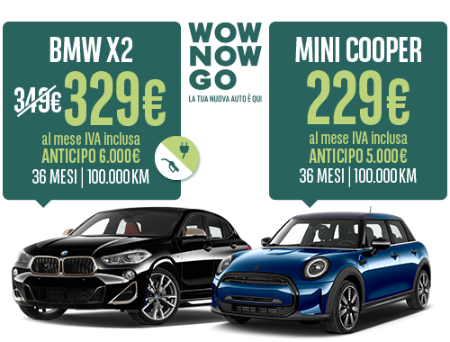offerta di noleggio auto a lungo termine per privati macchine BMWX2 nera e Mini Cooper blu