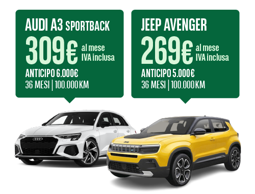 offerta di noleggio auto a lungo termine per privati macchine Audi A3 e Jeep Avenger