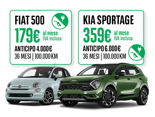 offerta di noleggio auto a lungo termine per privati macchine Fiat 500 a 179 €/mese e KIA Sportage a 359€/mese