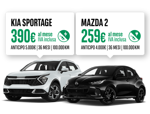 Offerta noleggio auto KIA sportage a 390 euro al mese iva inclusa e Mazda 2 a 259 euro al mese iva inclusa, offerta valida fino 20 novembre 2025