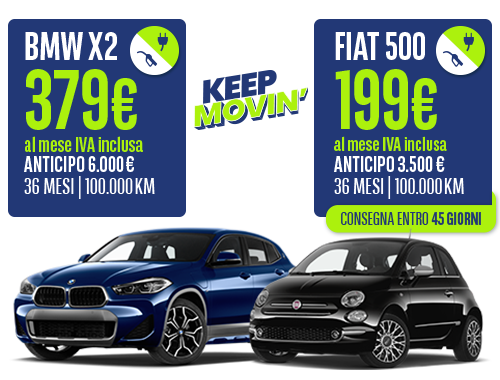 offerta di noleggio auto a lungo termine per privati macchine BMWX2 blu e Fiat 500 nera