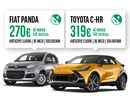 Offerta noleggio auto FIAT PANDA a 270 euro al mese iva inclusa e TOYOTA CH-R a 319 euro al mese iva inclusa, offerta valida fino al 16 novembre 2025