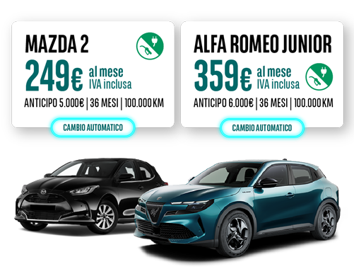 offerta di noleggio auto a lungo termine per privati macchine  MAZDA 2 A 249/€ mese e alfa romeo junior a 359€/mese