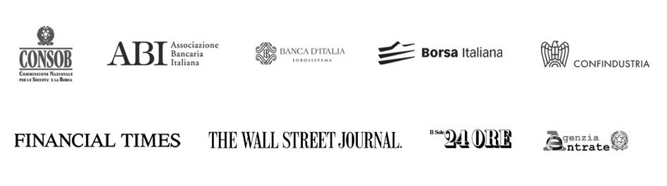 Loghi di enti, associazioni e giornali finanziari che operano con le imprese italiane, il mercato finanziario e l'economia.