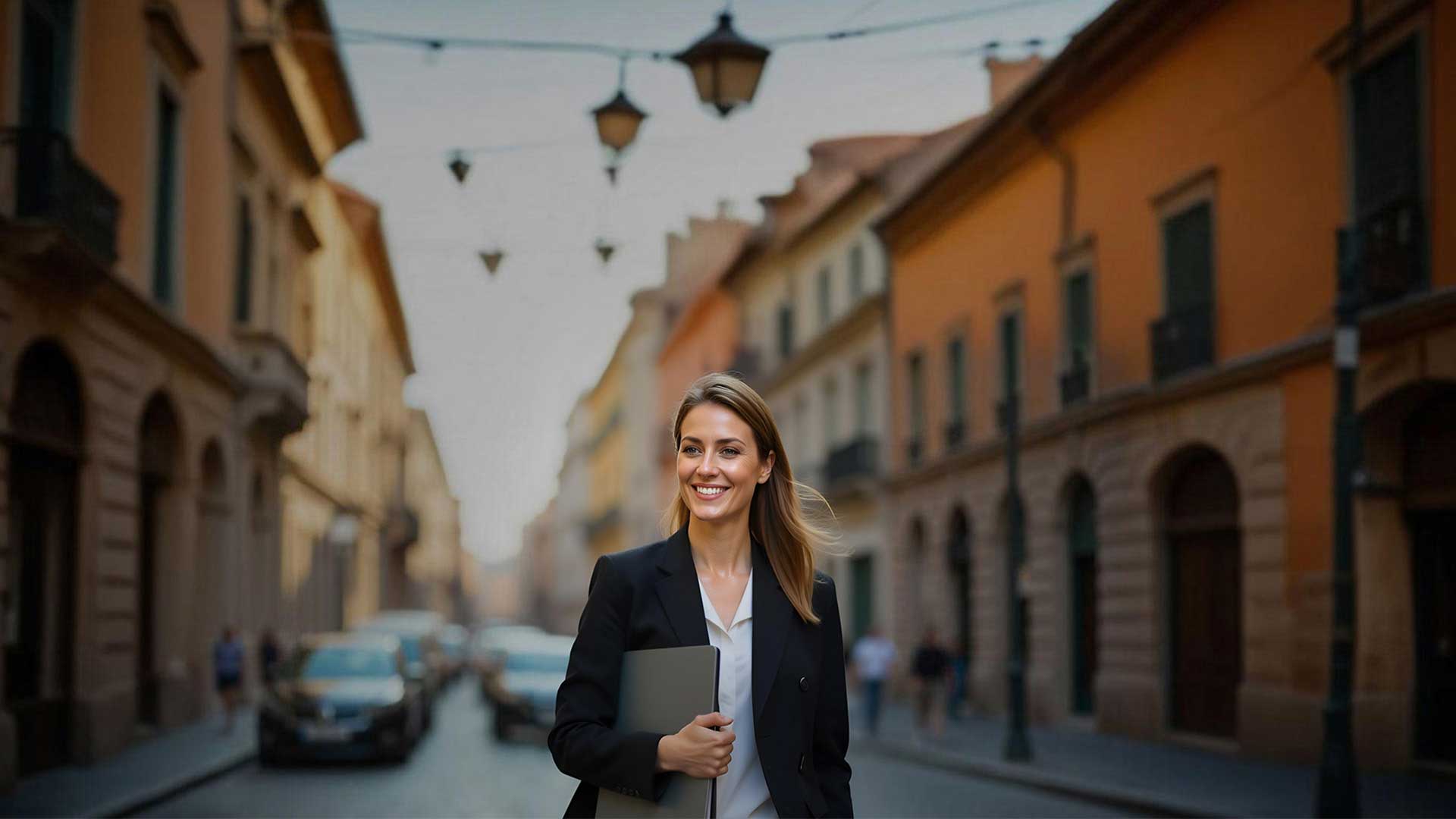 Una business woman sorridente cammina in città