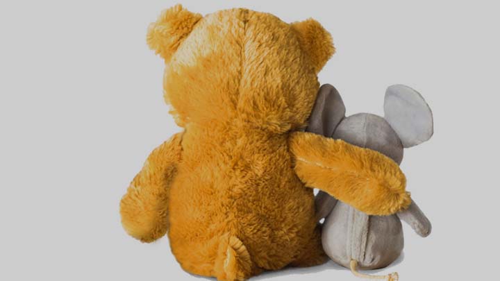 Un abbraccio  tra due pupazzi di peluche, un orsetto e un topolino, fotografati di spalle 
