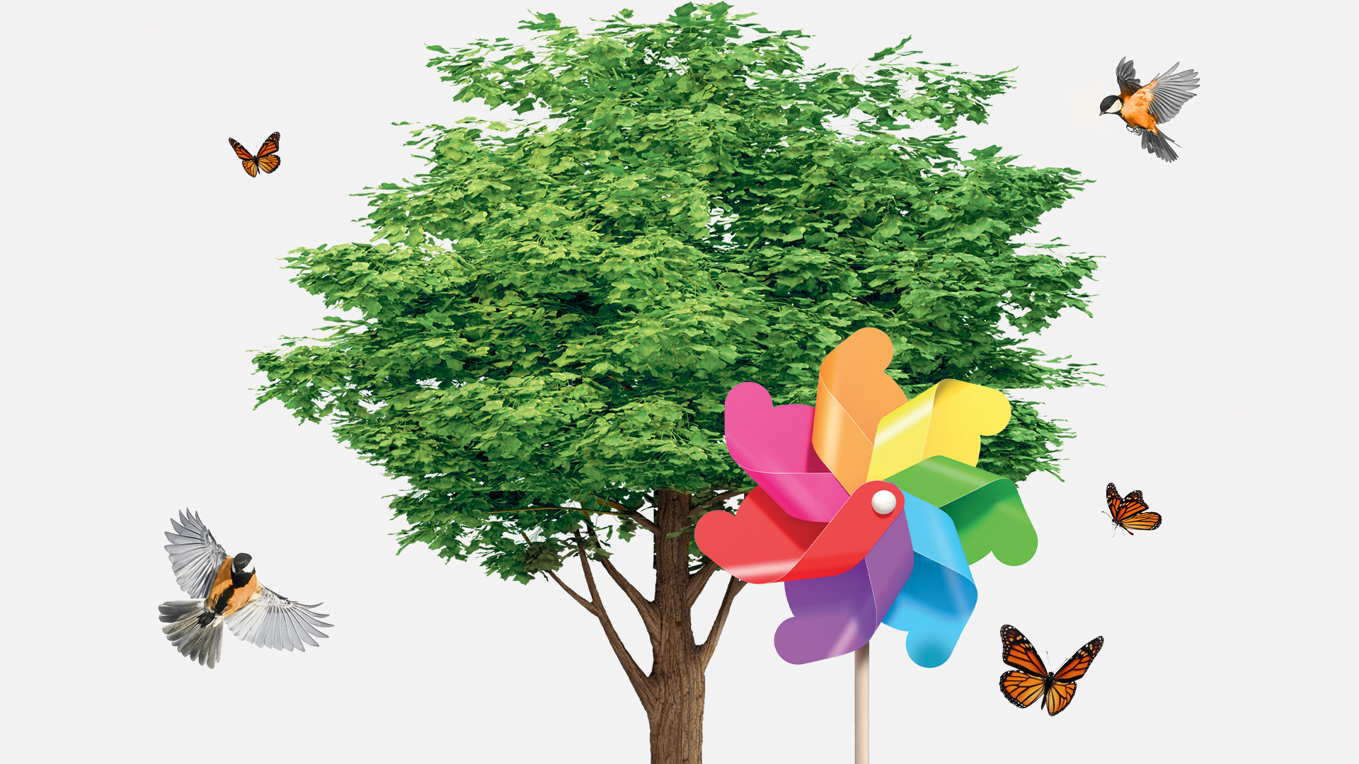 Albero con farfalle e uccelli che volano, simbolo di sostenibilità