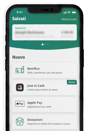 Schermata dell'app bnl banking con evideziato il pulsante di scelta per il servizio Just In Cash