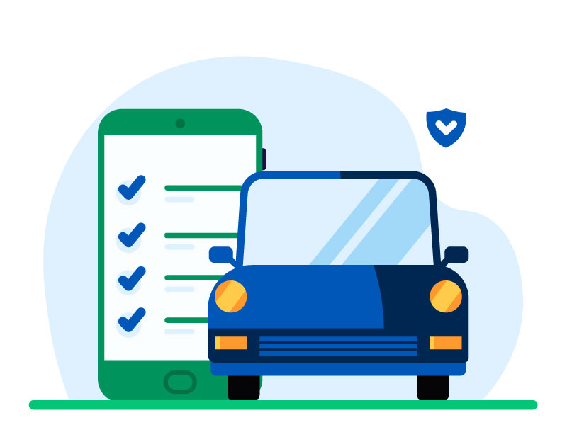 Illustrazione di auto blu con smartphone aperto su lista opzioni scelte dell'assicurazione. 