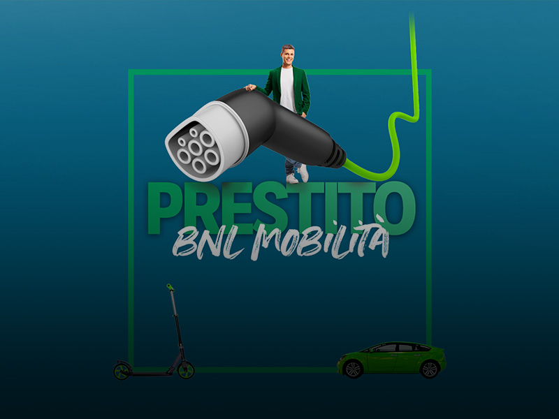 Immagine che rappresenta il nome del finanziamento Prestito BNL Mobilità con intorno un'automobile, il plug in per la ricarica e un monopattino elettrico