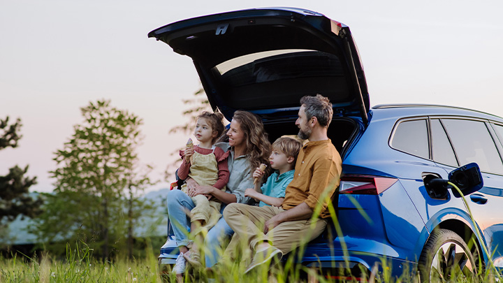 Coppia con bambini fa una sosta all'aperto durante un viaggio in macchina