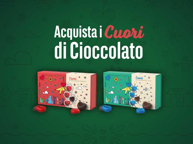 Immagine fotografica delle scatole dei "Cuori di cioccolata" per Telethon a sostegno della ricerca sulle malattie genetiche