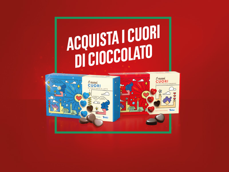 Immagine fotografica delle scatole dei "Cuori di cioccolata" per Telethon a sostegno della ricerca sulle malattie genetiche