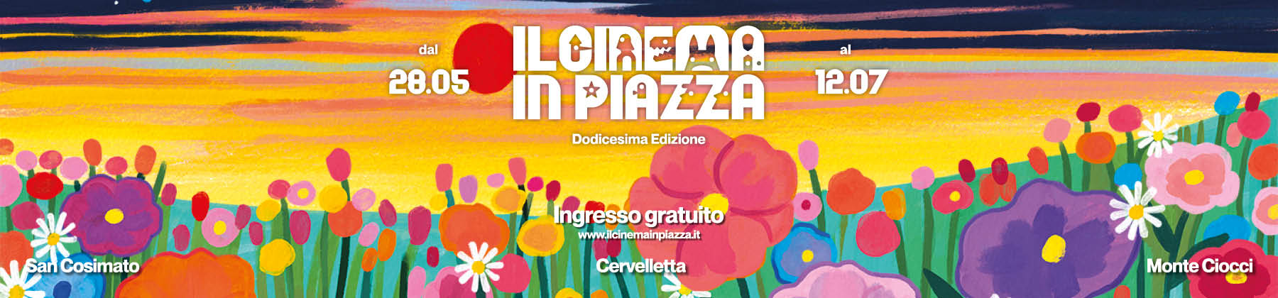 Foto della locandina del festival Cinema in Piazza, dodicesima edizione, dal 28 maggio al 12 luglio 2026