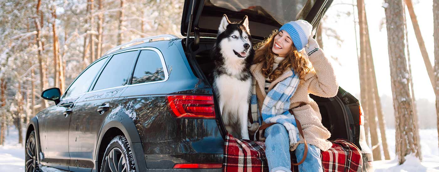 Ragazza seduta sul cofano dell'auto che guarda il cane