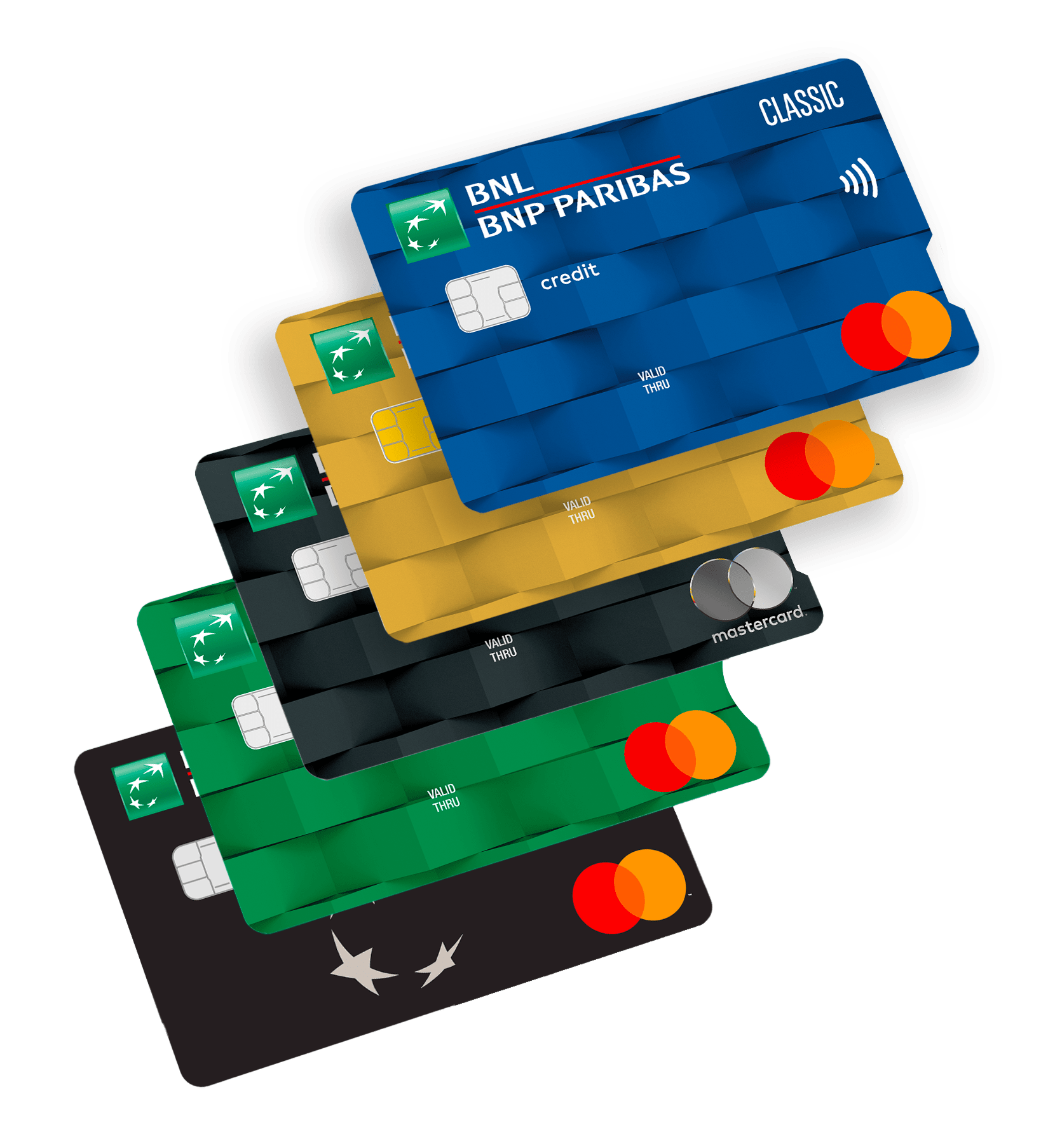 carte di credito o prepagata BNL color oro, nera blu e grigio chiaro
