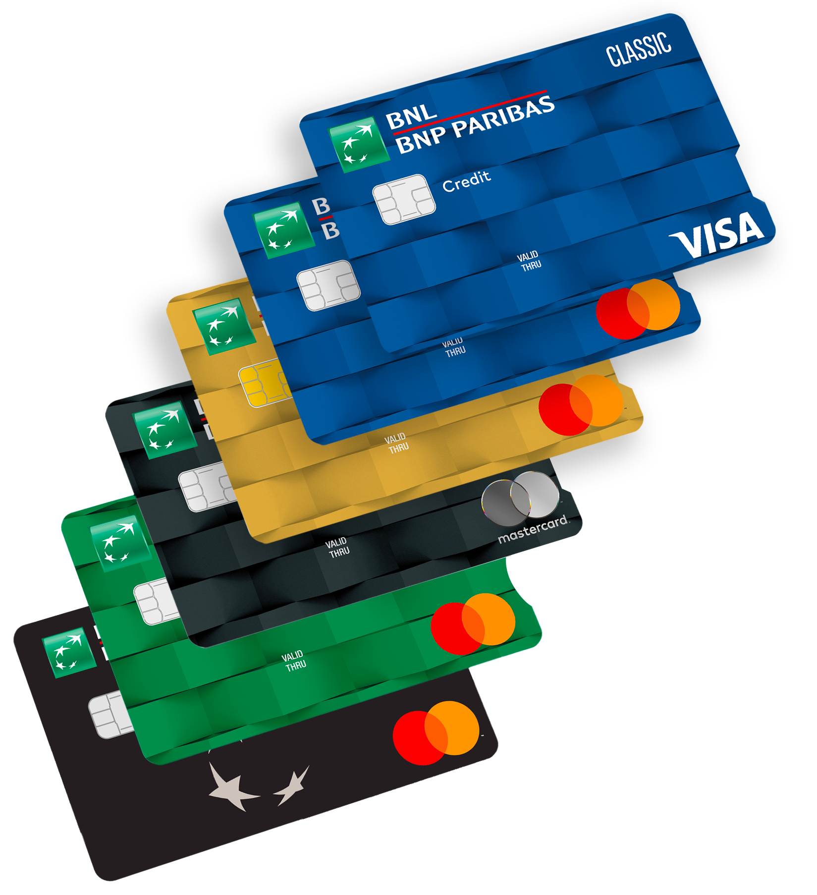 carte di credito o prepagata BNL color oro, nera blu e grigio chiaro