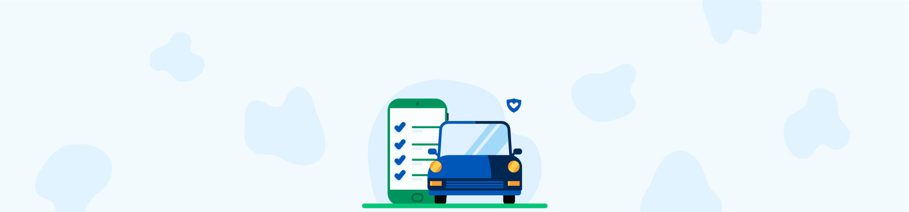 Illustrazione di una macchina blu e di uno smartphone aperto su una pagina di scelta delle opzioni dell'assicurazione auto.