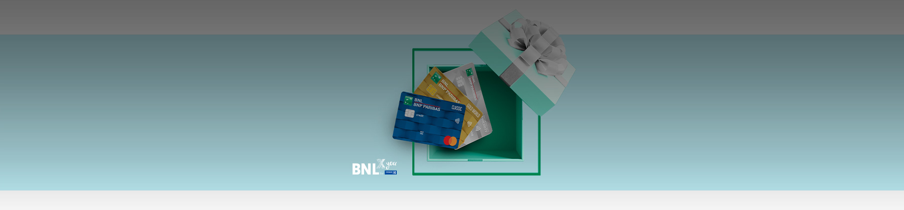 Con BNL Cashback fare acquisti ti premia grande pacco regalo contenente le carte di credito BNL