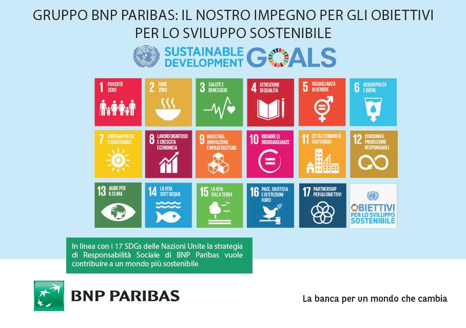 Schema con i 17 obiettivi dell'agenda 2030 condivisi e promossi da BNL BNP Paribas per lo sviluppo sostenibile.
