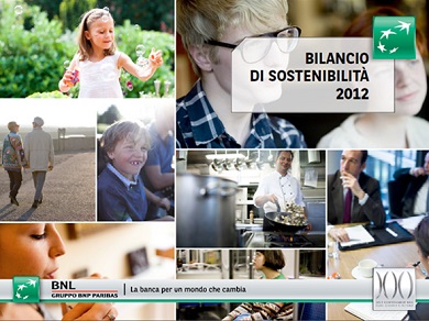 Copertina del Report di sostenibilità 2012 di BNL BNP Paribas.   