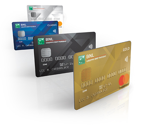 carte di credito o prepagata BNL color oro, nera blu e grigio chiaro