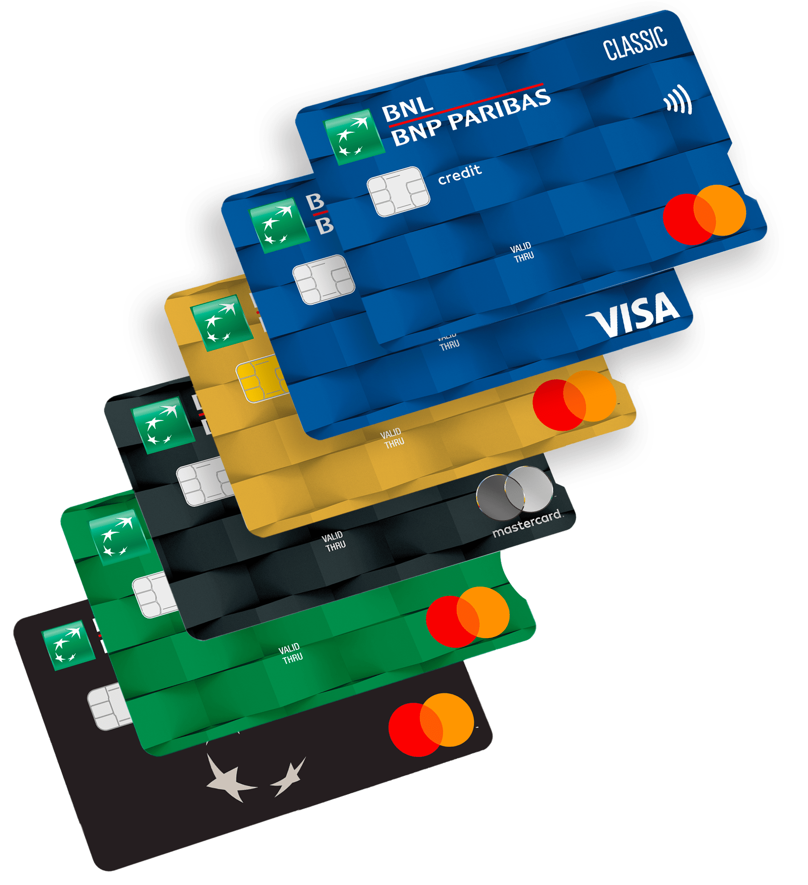 carte di credito o prepagata BNL color oro, nera blu e grigio chiaro