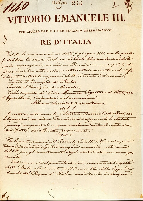 Un documento redatto dal Re Vittorio Emanuele III che sancisce la nascita dell'istituto di credito BNL.